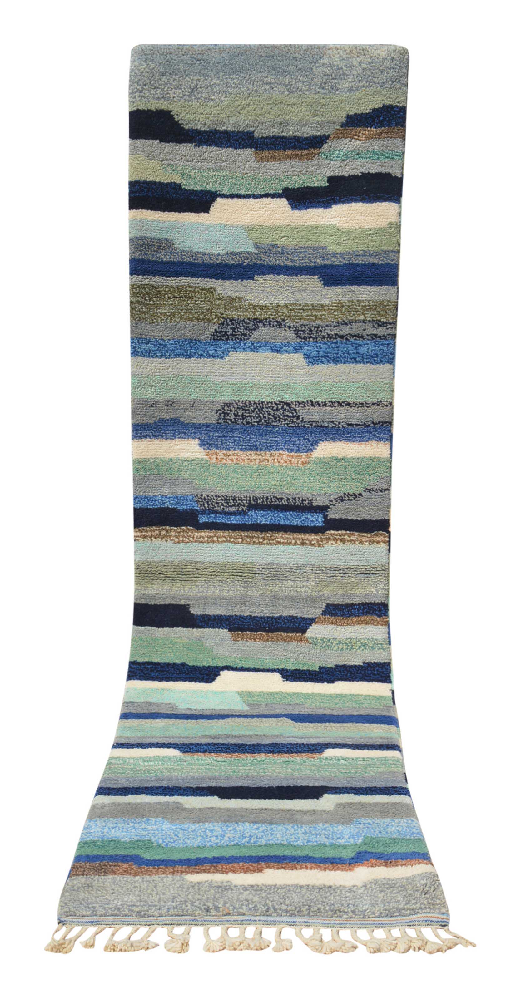 Wave – Moroccan Handmade Wool Rug | 2'6" x 9'6" Blue & Green Striped Design